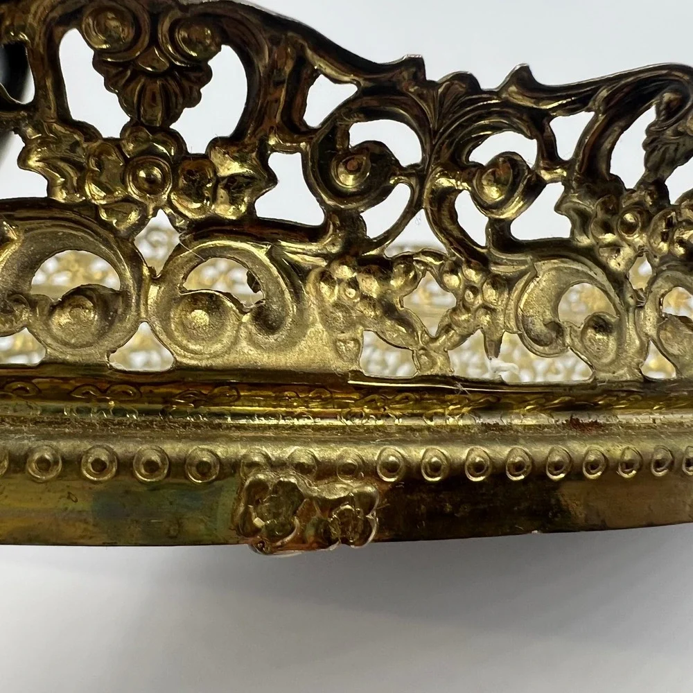 Vintage Oval Mirrored Vanity Tray Gold Tone Ornate Filigree Frame 14 Inch Mirror